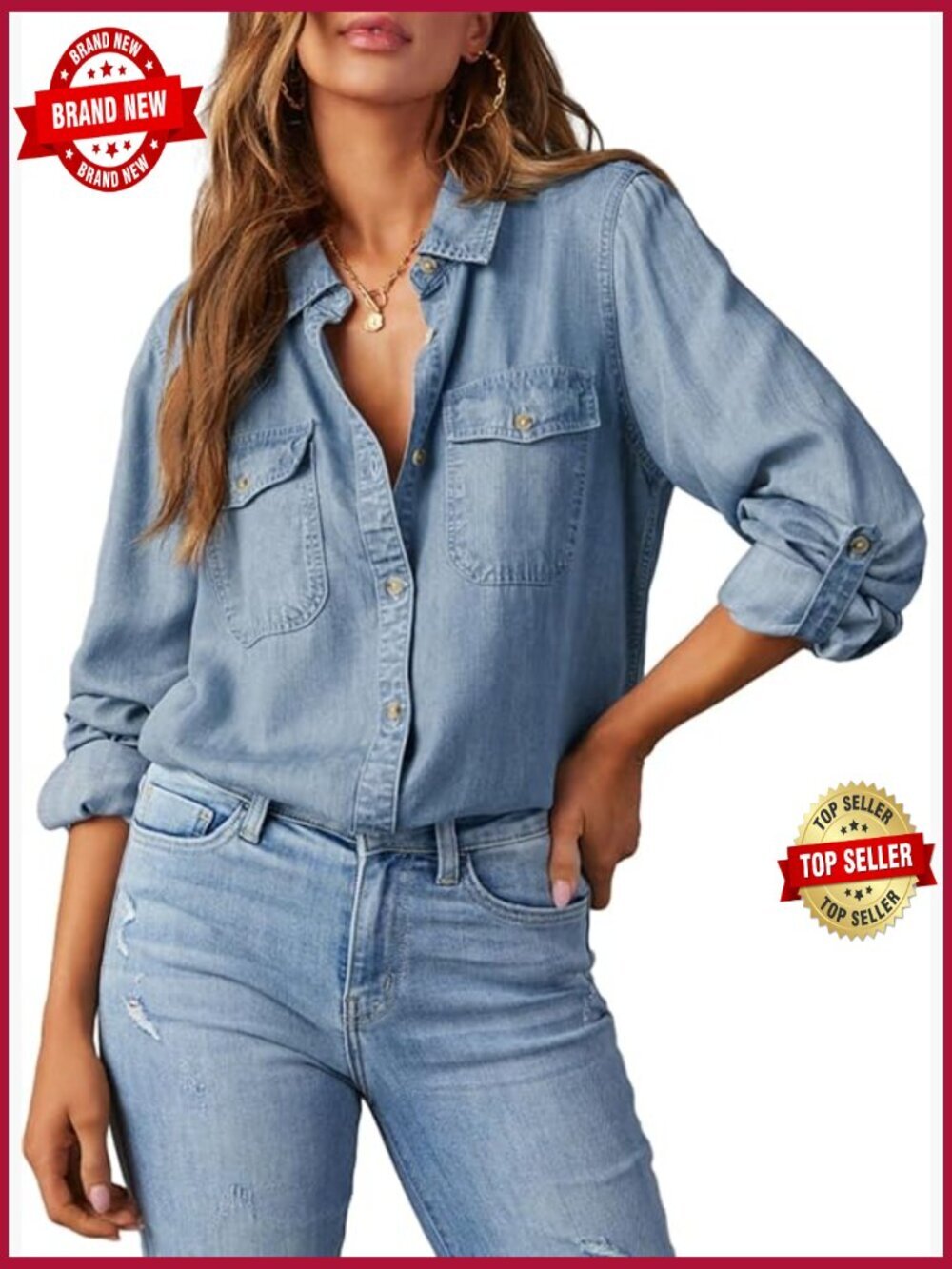 Chambray V-Neck Button Down Blouse Long Sleeve Denim Shirt Top